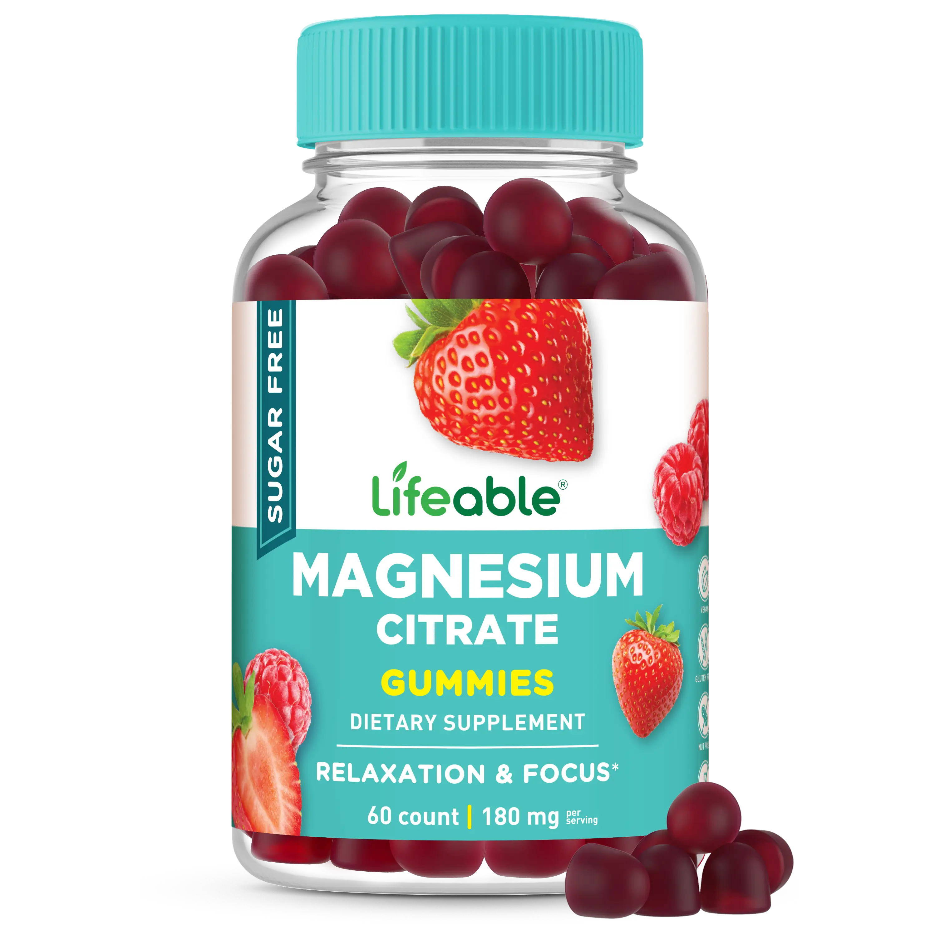 Lifeable Sugar-Free Berry Flavored Vegan Magnesium Citrate Gummies - 60-Count GMO-Free Sleep Aid Calming Dietary Healthcare Supplement for Adults