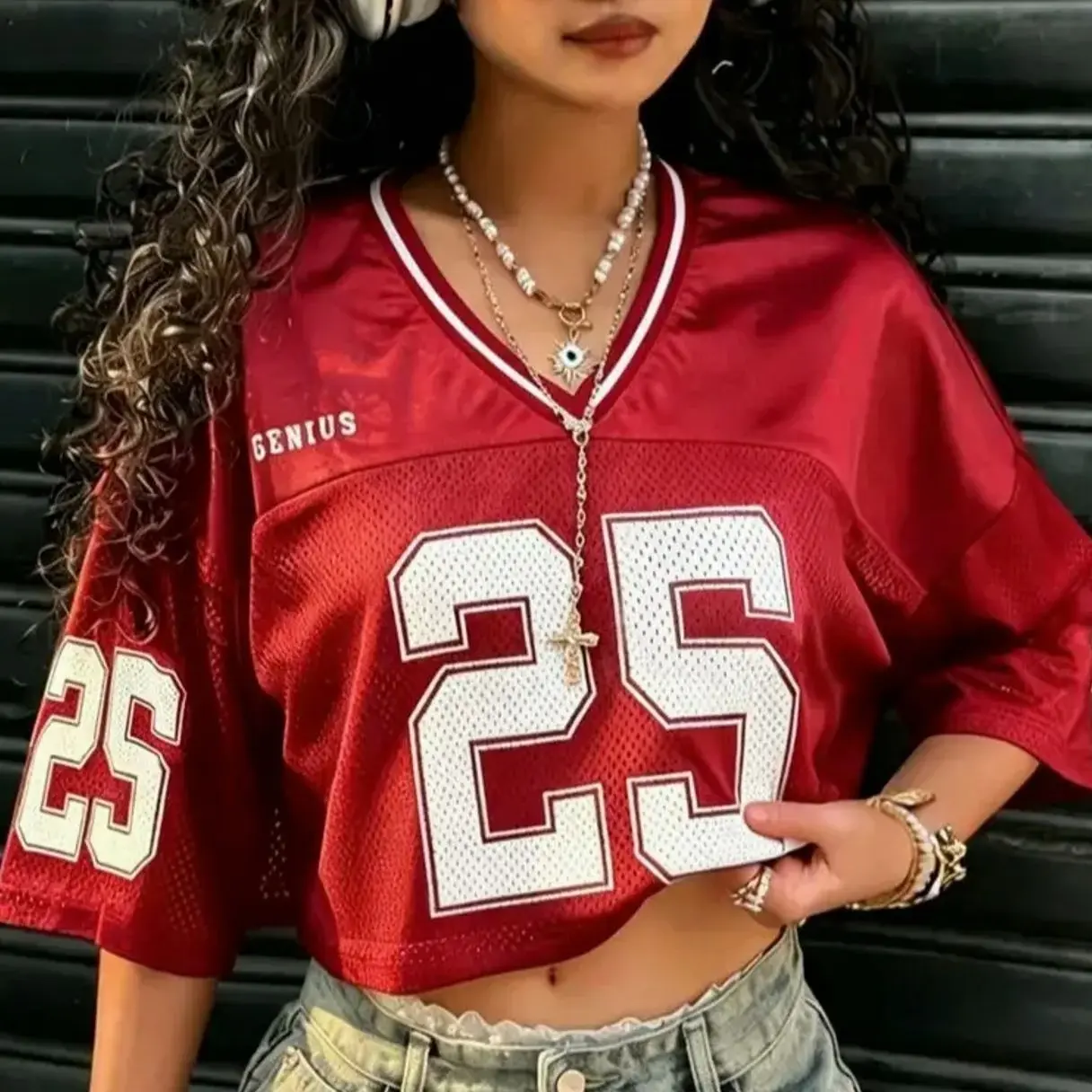 Women's Mesh Sports Tee - Retro Cropped Jersey V-Neck T-Shirt, Y2K Streetwear Apparel, Casual Tennis Top