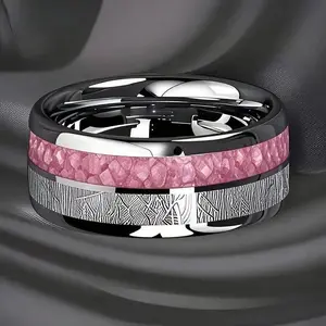 Stainless Steel Titanium Steel Ring With Blush Pink Rose And Meteor Inlay Durable Stylish Band Delicate Daily Accessory For Women