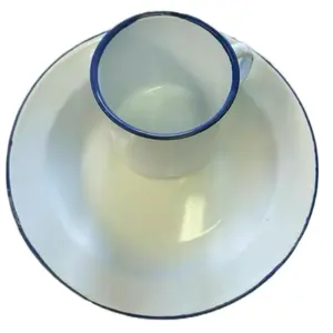 Gòde ak asyèt Blan Enamel Plate 26cm - White with Blue Rim - Durable & Versatile for Everyday Use