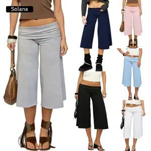Fold Over Capri Pants for Women Low Rise Wide Leg Yoga Capris Summer Cute Going Out Flowy Gaucho Pants Streetwear