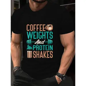 Men’s Gym Shirt with Coffee Weights and Protein Shake Print – 100% Cotton Comfort