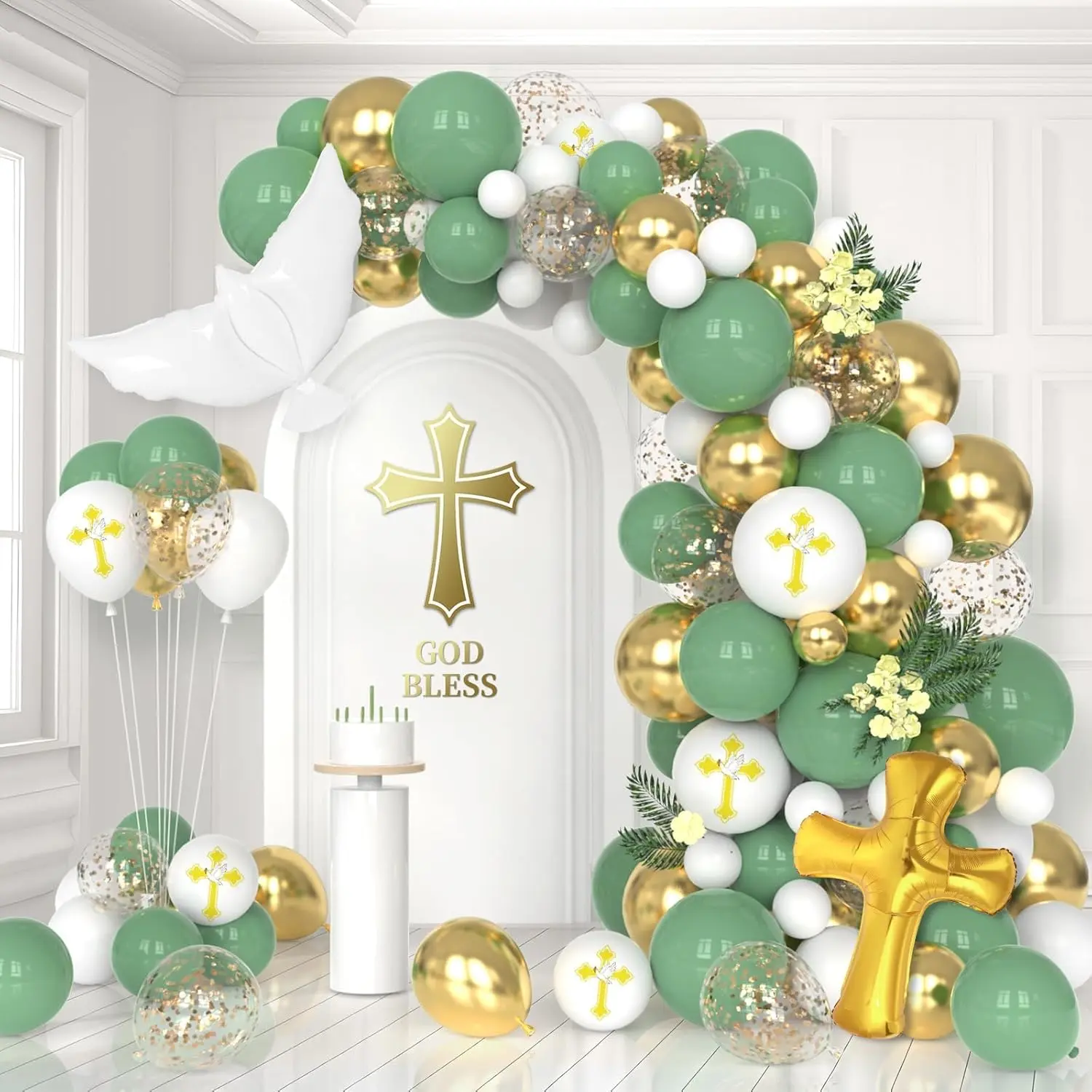132-Piece Green Balloon Garland Arch Kit with Cross, Dove & Christian Religious Baptism Decor