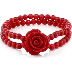 7 Inch Red Simulated Coral Bead Rose Flower Stretch Bracelet For Women 5mm