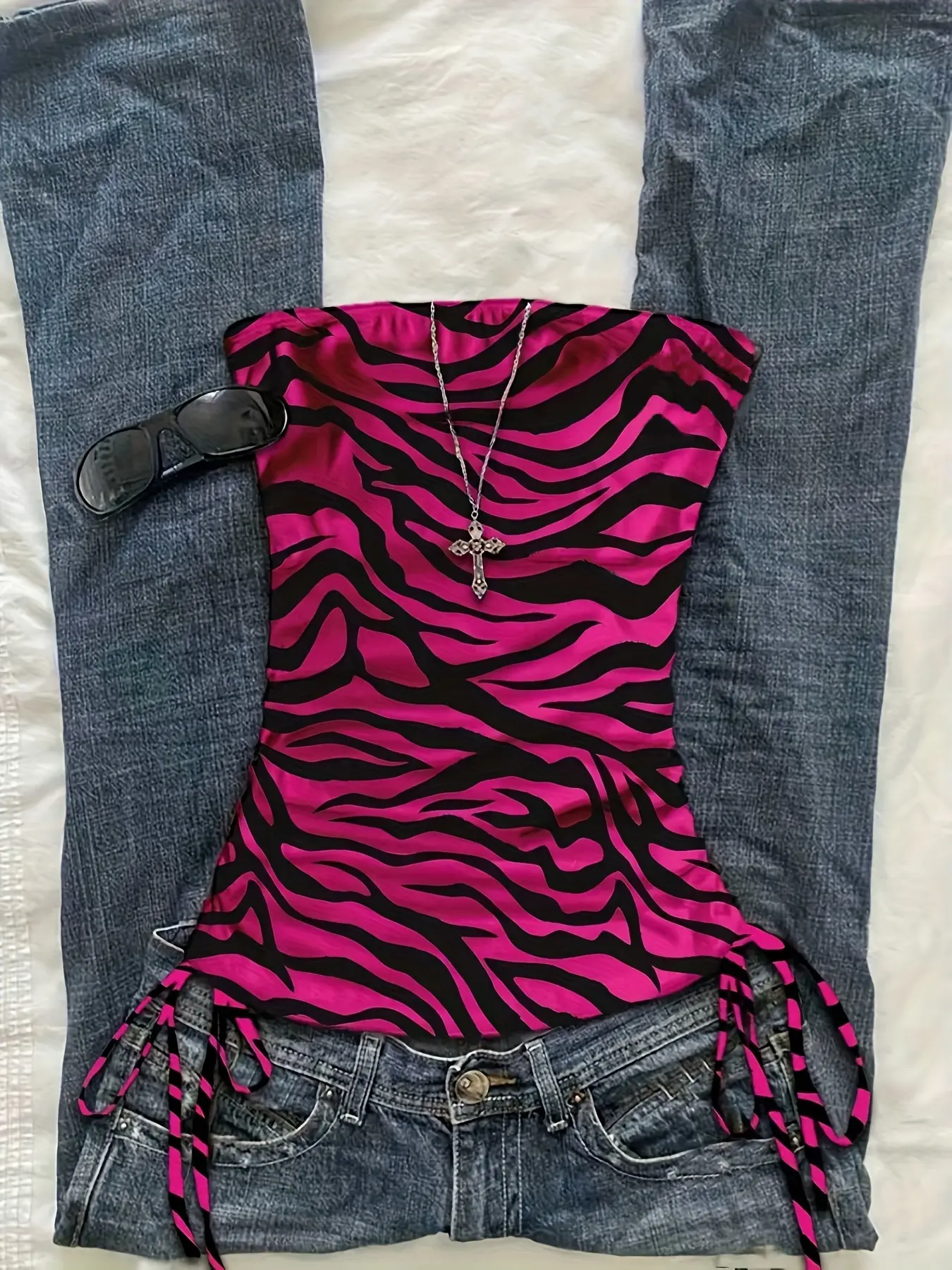 Women's Summer Vacation Ruffled Tie Waist Leopard Print Vest, Sleeveless Zebra Print Top, Zebra Print Animal Print Shirt, Casual Style Lightweight Tank Tops, Stripe, Womenswear, Casual Fashion Sleeveless