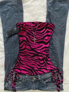Women's Summer Vacation Ruffled Tie Waist Leopard Print Vest, Sleeveless Zebra Print Top, Zebra Print Animal Print Shirt, Casual Tank Tops, Stripe