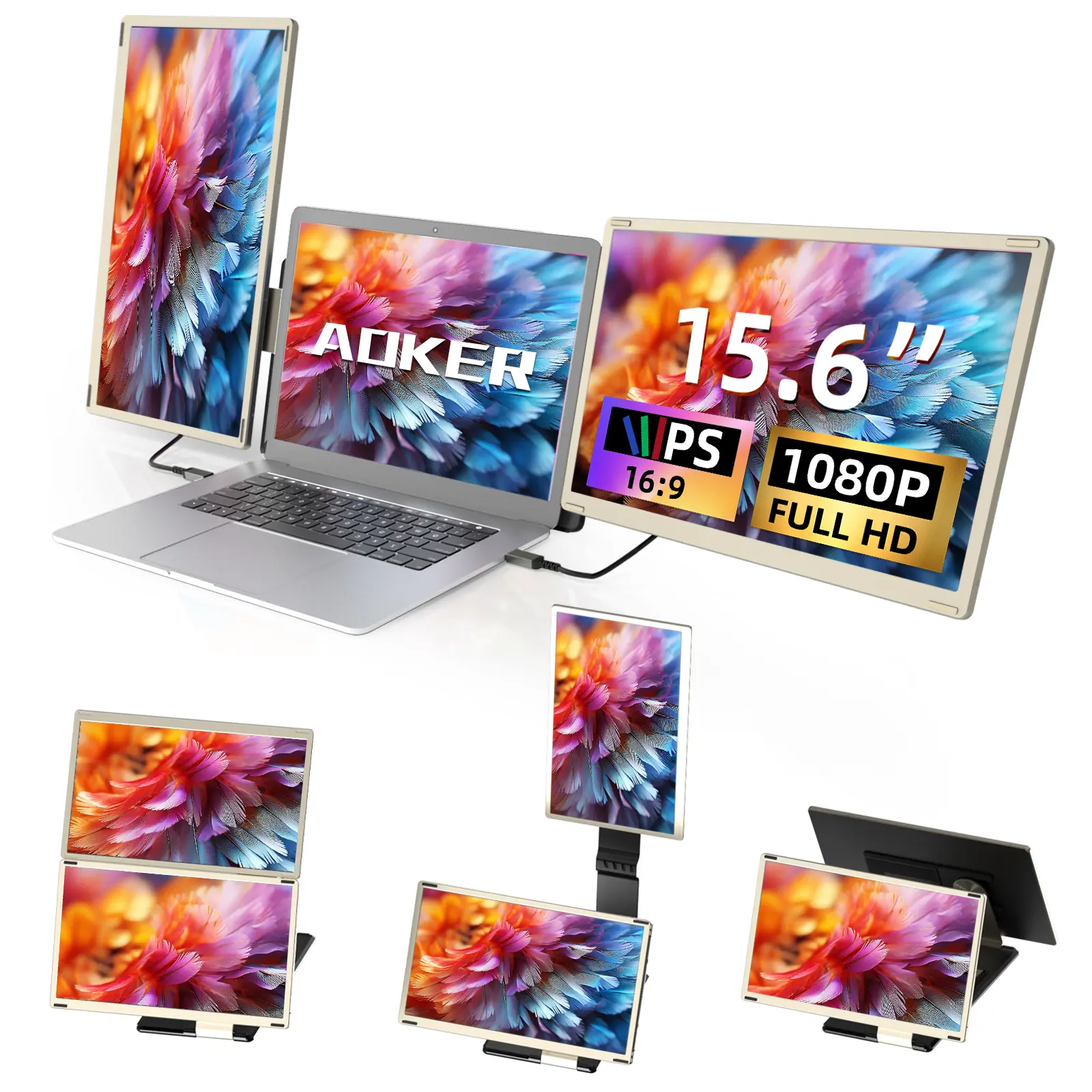 AOKER 15.6" Laptop Screen Extender, 1080P FHD Laptop Monitor Extender with 120% sRGB, 235°Rotation Detachable Dual Monitor, Plug & Play, Triple Screen Compatible with Windows, Mac, Chrome, Lcd Monitor, Portable Monitor Laptops