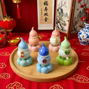 Colorful Ceramic Gourd Spinning Ornament, Feng Shui Wu Lou Decorative Figurine with Pearl Chain, Mini Rotating Desk Sculpture for Home Office, Good Luck Gift for Housewarming