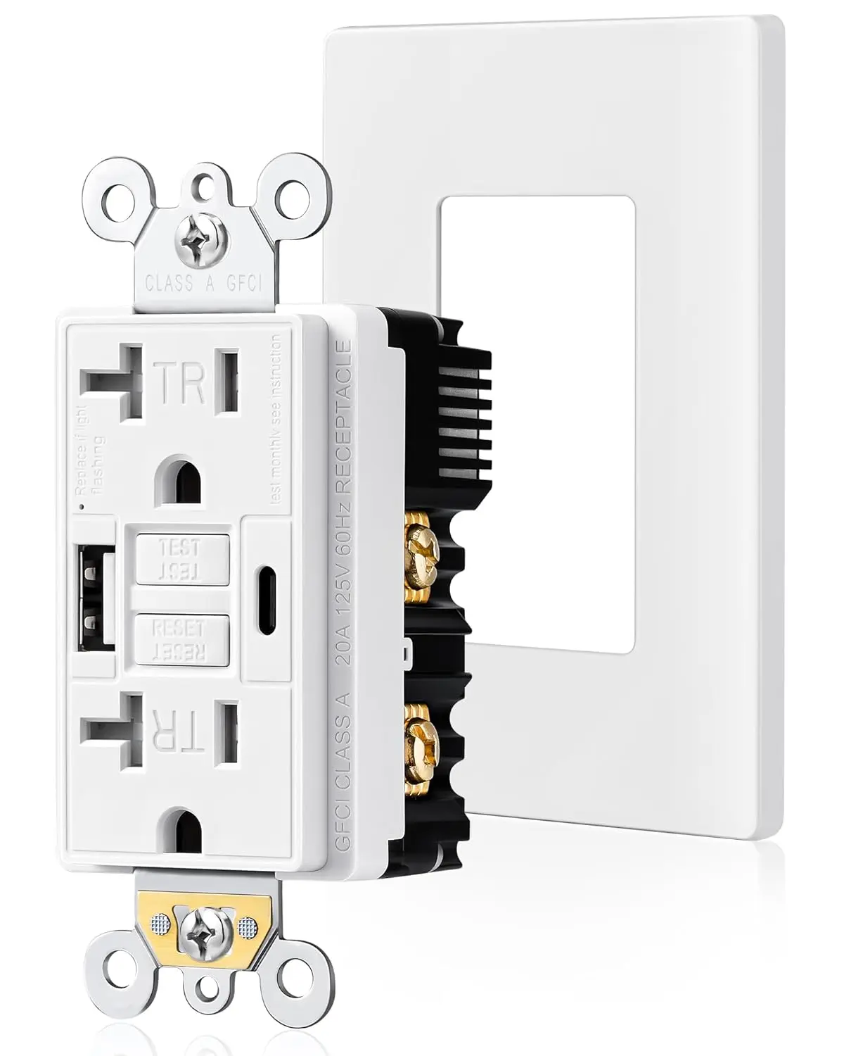SURAIELEC 20A 15A Tamper-Resistant GFCI Electrical Outlet with USB-C, USB-A Ports, Self-Test Function, Screwless Wall Plate, ETL Listed, White, 1-Pack