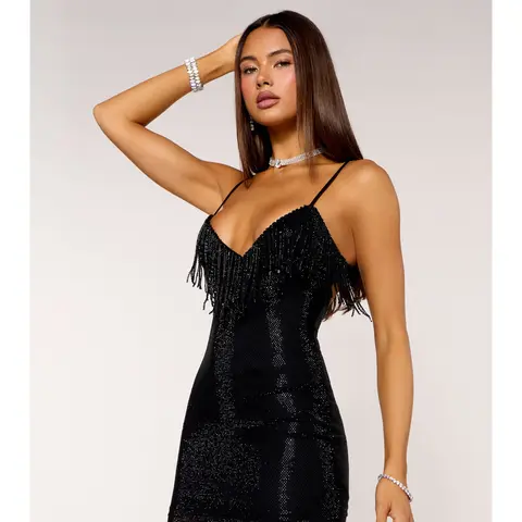 Alena Rhinestone Fishnet Beaded Fringe Mini Dress