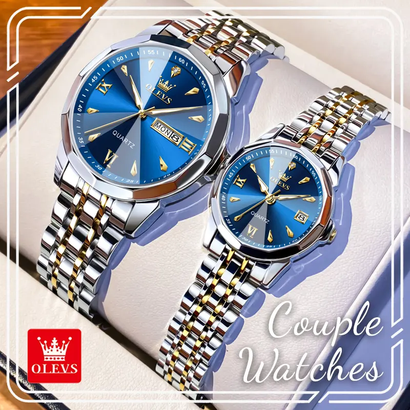 OLEVS His & Hers Couple Watch Set, Stainless Steel Analog Quartz Watches with Sunburst Round Face, Diamond Accent, Luminous Hands, Day-Date Window, Buckle Closure and 3ATM Water Resistant