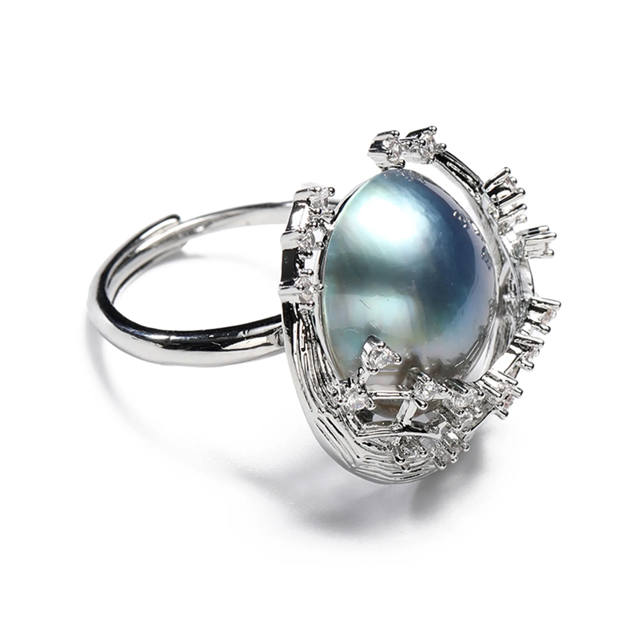 Blue Pearl Moon Ring with Open Band Design, Minimalist French Chic Jewelry for Women, Quiet Luxury Gift