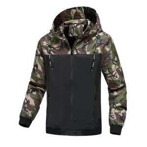 Men's Camo Black Patchwork Hooded Jacket, Outdoor Streetwear Windbreaker Casual Coat