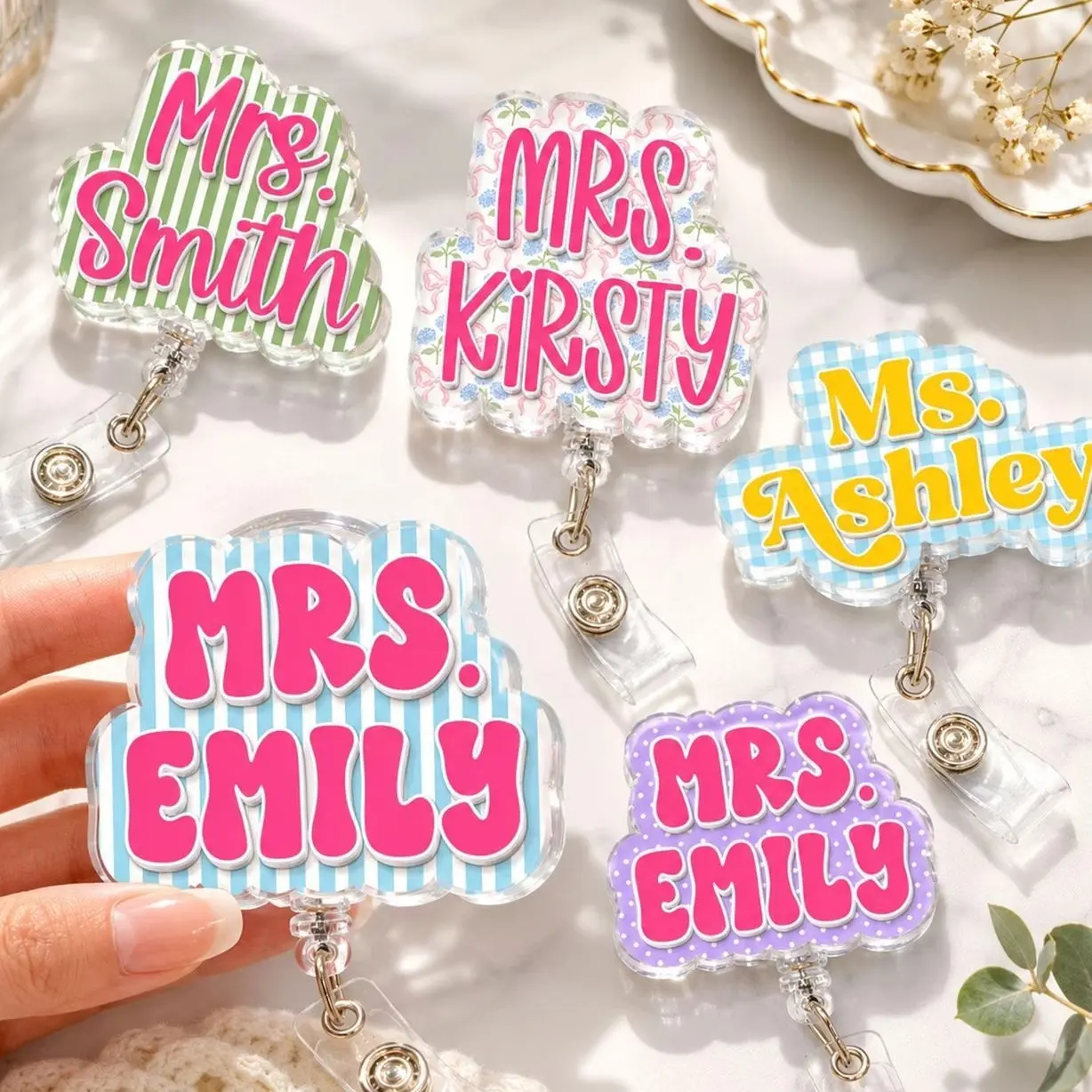 Custom Shape Teacher Name Badge Reel: Personalized ID Clip, Striped Acrylic ID Holder, Nurse Badge Reel, Back To School Gift For Teacher