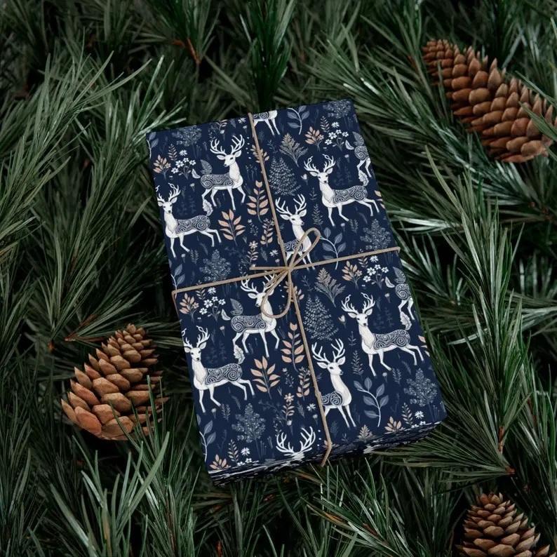 Masculine Navy and White Floral Reindeer Wrapping Paper - Perfect for Manly Deer Hunters | Christmas Gift Wrap, Gift Wrap Papers
