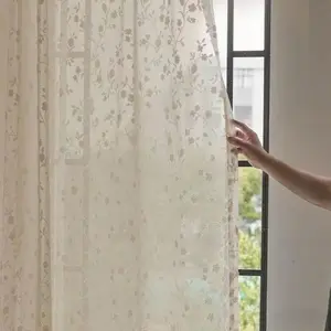 1PC, French Milk Tea Color Full Floral Embossed Sheer Curtain, Home Textile, Romantic Vintage Window Drapes, Living Room Bedroom Balcony Decoration