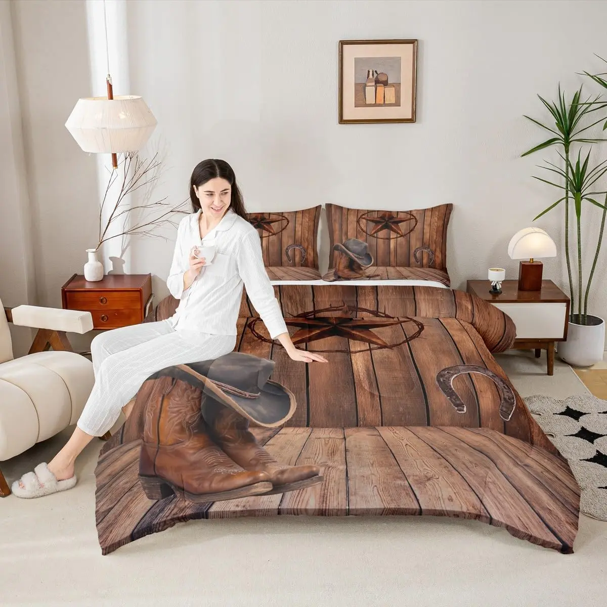 Western Texas Star Kids Comforter Set Cowboy Horseshoe Old Wooden Door Bedding Set,Girls Boys Adults Room Decor,Rustic Farmhouse Down Comforter,Brown Retro Duvet Insert