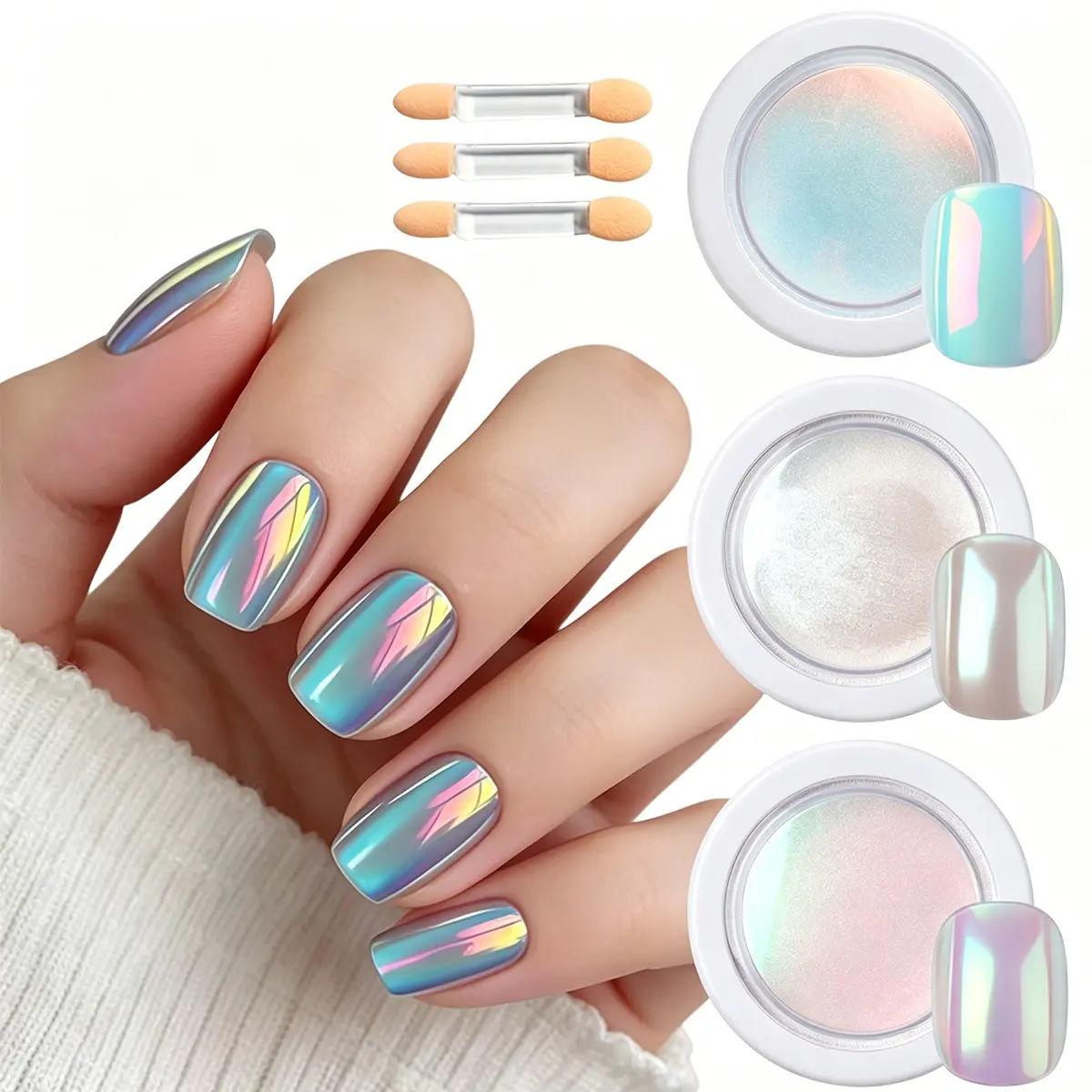 3 PCS Aurora Chrome Nail Powder Iridescent Mermaid Mirror Effect Nail Pigment Powder With Free Eyeshadow Applicator Sticks, Ultra Fine Pearlescent Moonlight Nail Powder for DIY Manicure Nail Salon Nail Art Decoration