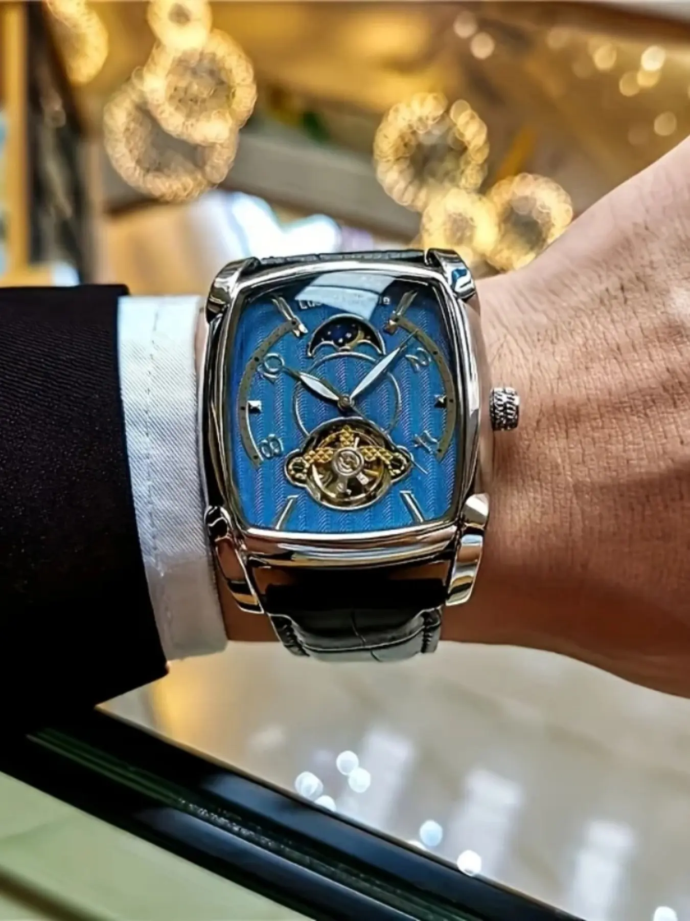 Luxury Tourbillon Mechanical Watch, Men's Automatic Skeleton Watch Fashion Trendy Hollow Business Casual Fashionable Wristwatch, Barrel Dial Watch, Barrel Shaped Watch, Barrel Shape, Perfect Gift, High Quality Watches