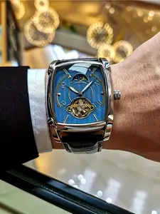 Luxury Tourbillon Mechanical Watch, Men's Automatic Skeleton Watch Fashion Trendy Hollow Business Casual Wristwatch, Barrel Dial Watch, Barrel Shape, Perfect Gift, High Quality Watches
