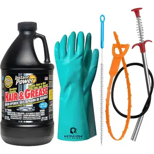 Ultimate Drain Solution Instant Power Hair & Grease Drain Cleaner Opener 2L Bundle with Drain Snake Hair Drain Clog Remover, and Protective Gloves