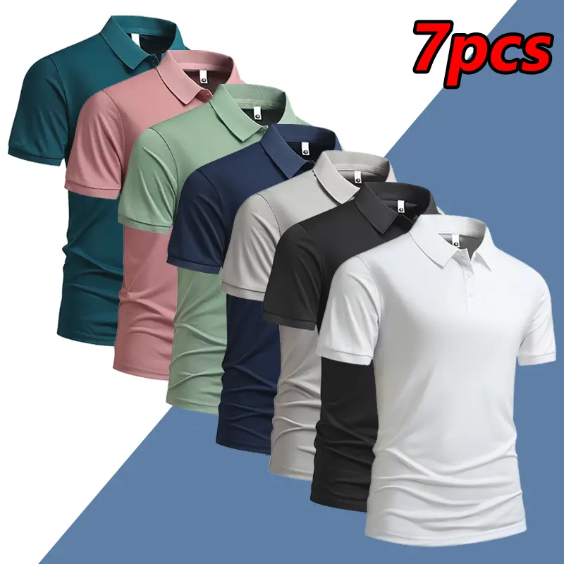 Men's Summer Short Sleeve Polo Shirt - Lightweight and Breathable Ice Silk Fabric, Solid Color, Regular Fit with Button Details, Casual Business Style, Mixed Set, Cool Collar, Men's Daily Commuter T-Shirt, Summer Casual Wear | Stylish Men's Dress Shirts |
