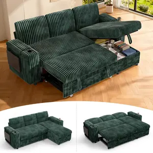 HCORE Modular Sectional Sleeper Sofa with Pull Out Bed, Plush Corduroy & Chenille Couch, Reclining Backrest, USB, Cupholders, Side Table, Storage Chaise Armrests, Tool-Free Assembly, Green