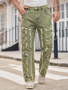 Men's Fashion Washed Embroidered Fringe Slim Fit Jeans, Comfortable and Trendy Design, Perfect for Casual Wear, All Seasons