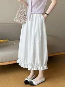 Summer New Arrival Women's Casual A-Line Midi Skirt Elastic Waist With Pockets Ruffle Bud Skirt