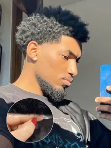 Afro Curly Toupee Biological Scalp Hair Systems for Men, Remy Hair V-looped PU Base Men‘s Wigs Fluffy and Bouncy Hairpiece Breathable Puff Hair System(5*7/6*8/8*10 inch, Black) Afro Kinky Wigs