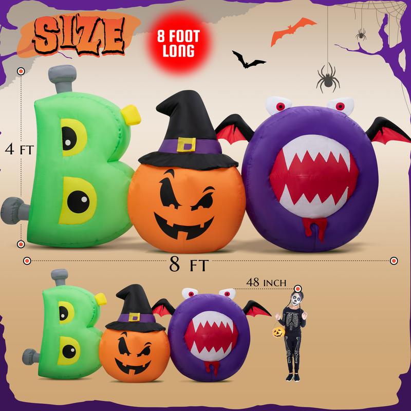 Halloween 8FT Inflatable Outdoor Decorations Boo Inflatable with Scary Eyes Pumpkin Monster Green Orange Purple Built-in LED Lights for Outside Lawn Holiday Decor