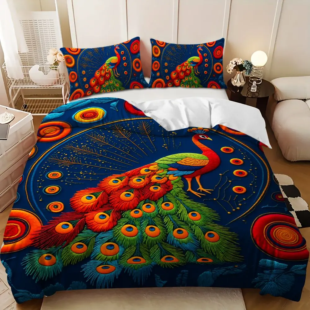 Bedding 3-piece set - 3PCS,blue background with colorful peacock pattern down comforter set (1 comforter cover + 2 pillowcases, filling not included). soft and comfortable, suitable for family bedrooms.