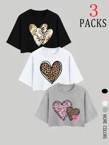 Women's Leopard & Heart Print Crop Tee, Casual Short Sleeve Round Neck T-shirt for Daily Wear, Ladies Clothes for Spring & Fall, Top