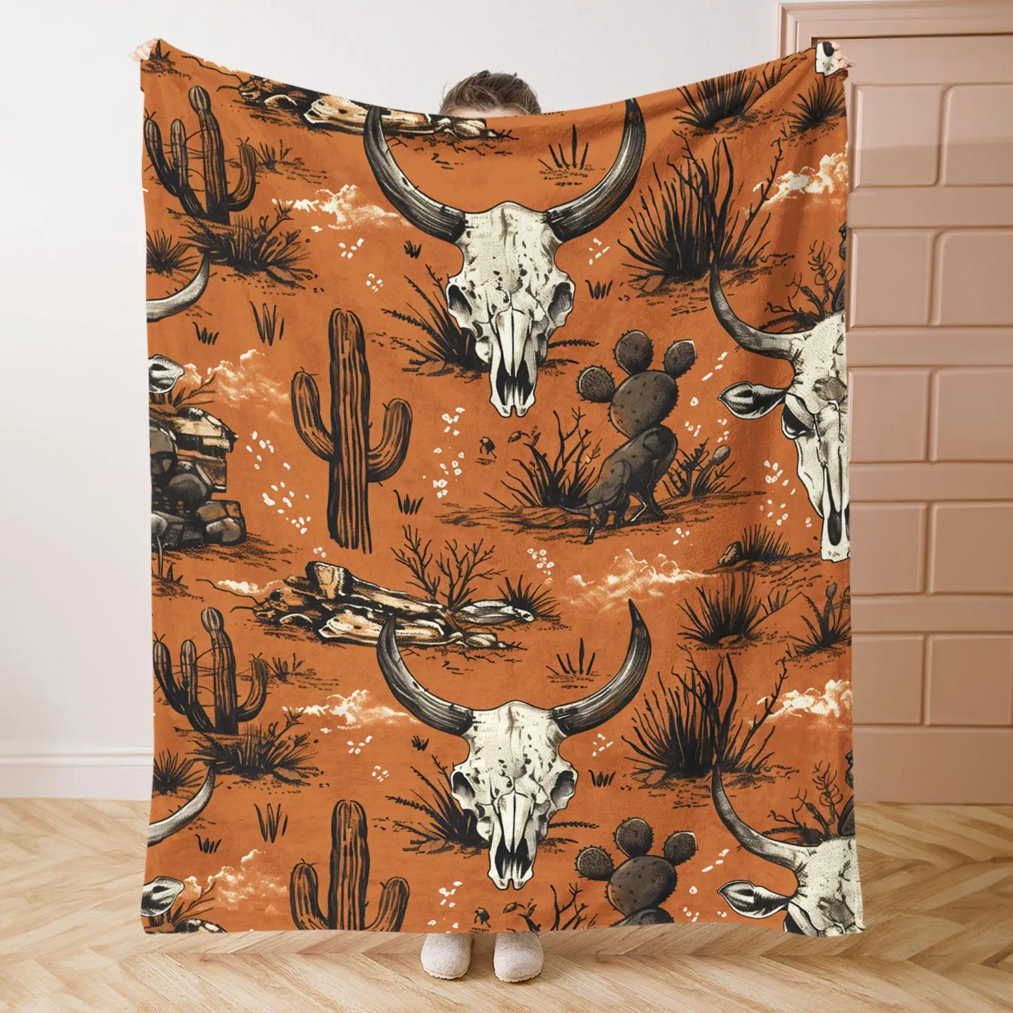 Western Desert Cow Skull Cactus Pattern Blanket, Soft Comfortable Throw Blanket, Cool Bedroom Bedding Blankets, Air-conditioned Room Blanket