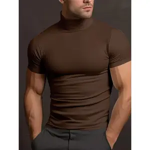 Men's Summer Sports Solid Color Short Sleeve High Neck Training Fitness T-Shirt - Casual Polyester Knit Fabric, Tight Fit, Medium Stretch, Solid Color