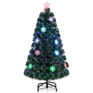 4ft Pre-Lit Fiber Optic Christmas Tree, Artificial Xmas Full Tree with Colorful Snowflake LED Lights, 125 Branch Tips, Foldable Metal Base, for Office Home Holiday Decor