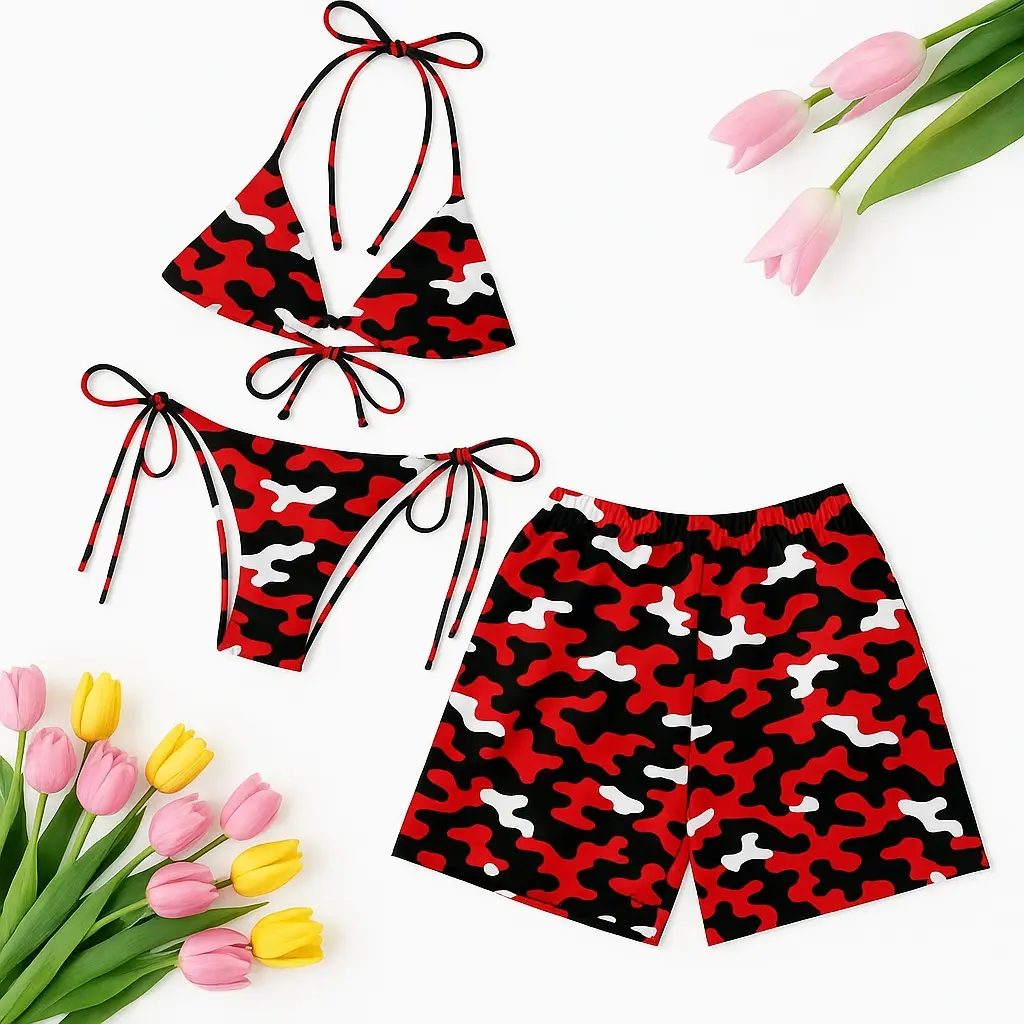 Matching Red Camo Bottomland Swimsuits for Couples - Swim Bra Tie Side Thong Bikini Men's Beach Shorts, Summer Vacation Swimsuit, Hawaiian Shirt Style, Aloha Beach Outfit, Casual Holiday Bathing Suit