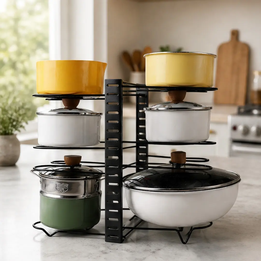 ARCH Black Steel Adjustable Pot Rack Set - Kitchen Organizer with 3 DIY Installation Methods, Customizable Spacing for Pots,Pans,Lids - Fits Cabinet Shelves,Countertops, Multi-Shelf Shelving & Storage, Non-Foldable Shelving & Storage