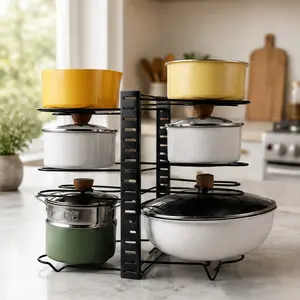 ARCH Adjustable Pot Rack Kitchen Storage Rack Organizer for Cabinet Shelf Countertop Drawer, Steel Black, 3 DIY Installation Methods, Customizable Spacing for Pots Pans Lids, Kitchen Organization, Black Color Options, Steel Material