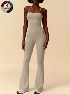 Women's Sleeveless Halter Neck Jumpsuit Soft Nylon Spandex Blend Perfect for Daily Wear Outdoor Workouts and Gym Sessions Stylish Versatile Wide Leg One Piece Activewear