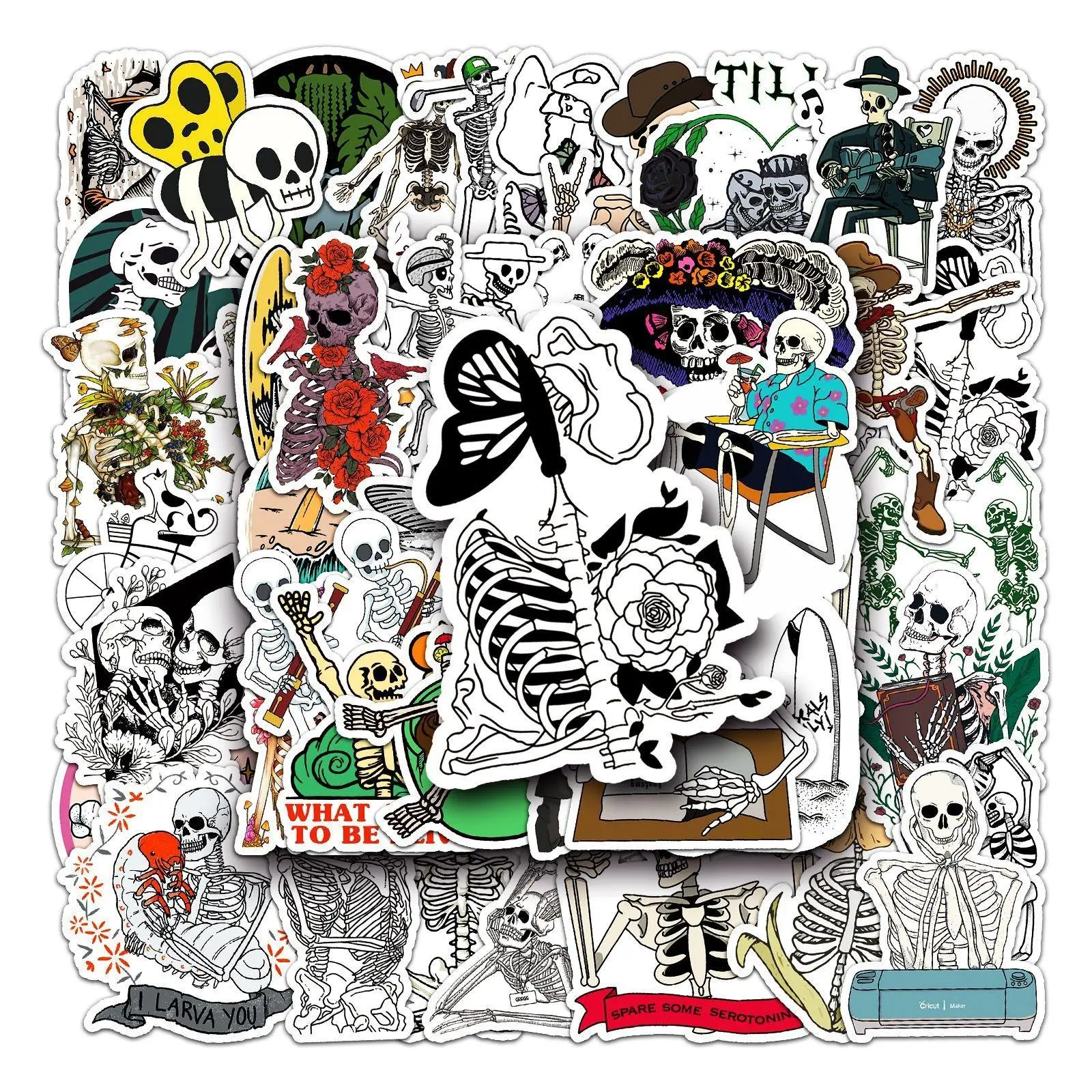 Skeleton Series Sticker, Premium Skull Stickers, Decal Sticker, 50pcs Waterproof Sticker Pack for Wall Water Bottle Skateboard Helmet Car Bike Luggage Laptop, Stickers for Cars, Halloween