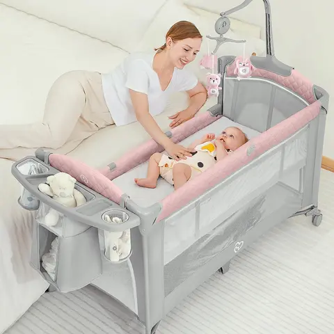 Baby Bassinet & Bedside Sleeper, Portable Baby Crib for Newborns and Infants, Foldable Playard with Mattress, Diaper Changer, Music Mobile for Nursery,back to school