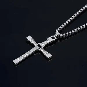 Classic Rhinestone Sliver Color Pendant Men Crystal Jesus Cross Necklace Activity Male Gift Jewelry Wholesale Dropshipping