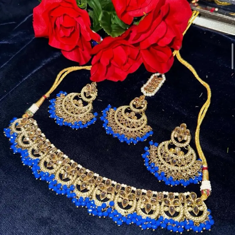 Royal Blue Golden Kundan Set with Tikka - Elegant Jewelry for Special Occasions