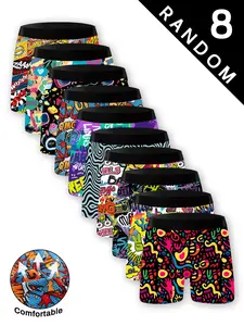 8 Random Men's Graffiti Boxer Briefs, Pop Art Design, Urban Street Style, Ultra-Soft Breathable Fabric, Elastic Waistband, Loungewear, Stretch Sports Shorts, Comfortable Fitted Underwear Set, Stretchy Boxer Briefs