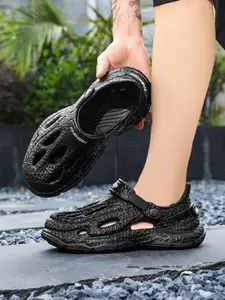 Unisex Black Textured Clogs: Dual-Wear Toe-Cap, Summer Outdoor Beach Slides