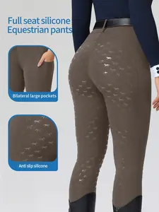 Women's High Waist Equestrian Pants, Sporty Plain Design, Anti-Slip Durable, Side Pockets, Quick-Dry Breathable, Spring & Fall, No Belt Included