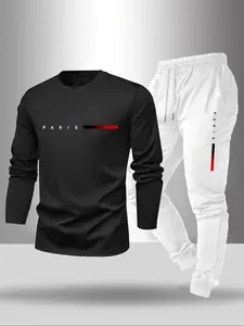 Men's 2pcs Paris Letter Print Set, Long Sleeve T-Shirt & Outdoor Pants, Spring/fall Casual Sportswear, Fitted Regular Length Tracksuit Set