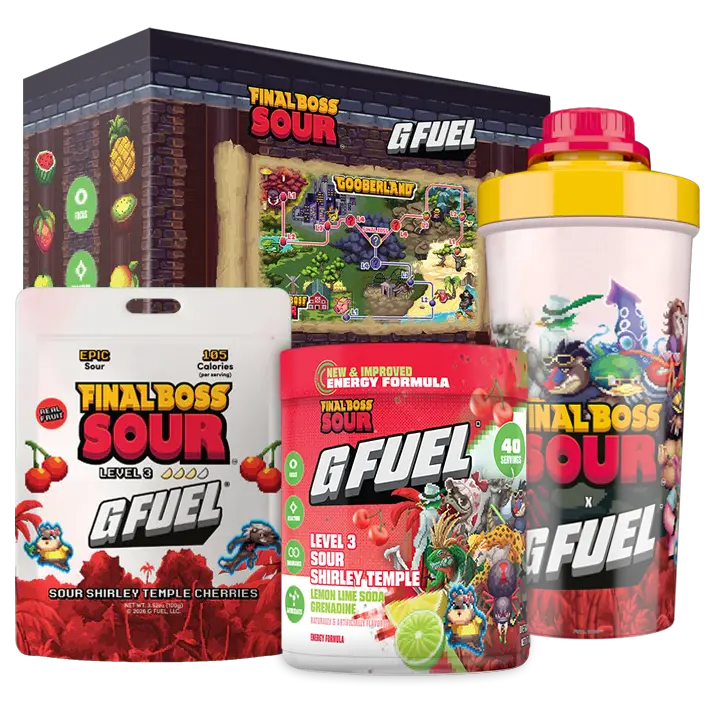 G FUEL Energy Formula | Final Boss Sour Collector's Box | Sour Shirley Temple | Collectible Box and Custom Tall Plastic Sipper