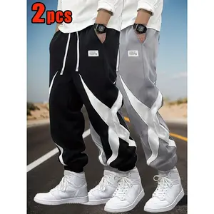 Men's 2-piece color blocked star map sports pants, drawstring casual sweatpants set, suitable for street wear and daily wear